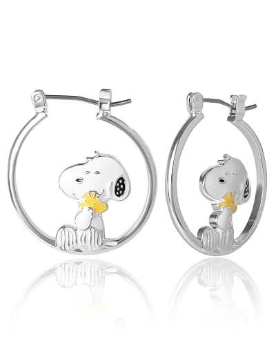 Peanuts Snoopy Earrings for Women Official License, Silver Flash-Plated Hoop Earrings with a Snoopy and Woodstock Accessory - Image 1