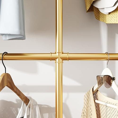 Industrial Pipe Clothing Rack, Heavy Duty Metal Clothes Rack with Double Rods for Hanging Clothes, Wall Mount Space-Saving Garment Display Rack (Three, Gold) thumbnail 6