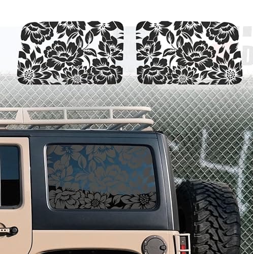Floral Flower Print Rear Window Decals Fit 2018-2023 Wrangler 4 Door JLU Rear Quarter Window 2018 2019 2020 2021 2022 - Flowers Floral Decal Sticker Vehicle Vinyl Matte Black(4 Door only) - Image 1