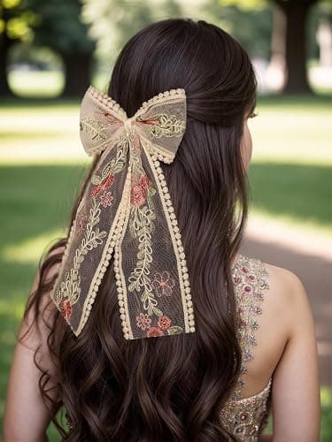 LFOUVRE Beige Lace Hair Bows with Embroidered Flowers - Bowknots, Barrettes, and Hair Clips with Long Tails for Women (3pcs) thumbnail 3