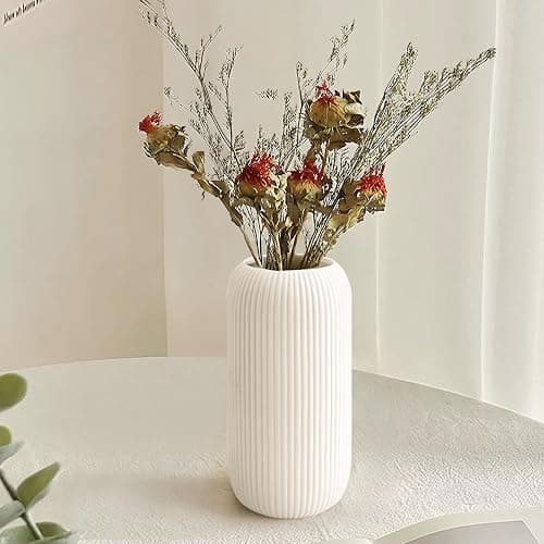 Ceramic Vase for Flowers – Modern Small Ribbed Textured Flower Vase for Home Decor, Pampas Grass, Decorative, Farmhouse, Coffee Table, Kitchen Centerpieces, Bookshelf and Home Living (White) thumbnail 4