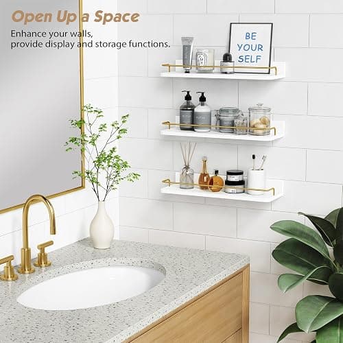 Forbena Gold Floating Shelves for Wall Decor Set of 3, Bathroom Shelves Over Toilet, Modern Display Wall Shelf with Guard Rail for Living Room Bedroom Organizers and Storage - White and Gold thumbnail 5