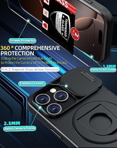 FRLMOOES for iPhone 16 Pro Case Magnetic Compatible with MagSafe Wireless Charging,with 2 Screen Protectors,Built-in 360°Kickstand Ring+Camera Cover Anti-Scratch Shockproof Heavy Duty Protection Black thumbnail 3