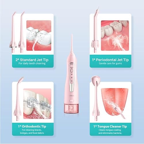 COSLUS Water Dental Flosser Teeth Pick: Portable Cordless Oral Irrigator 300ML Rechargeable Travel Irrigation Cleaner IPX7 Waterproof Electric Flossing Machine for Teeth Cleaning C20(F5020E) Pink thumbnail 9