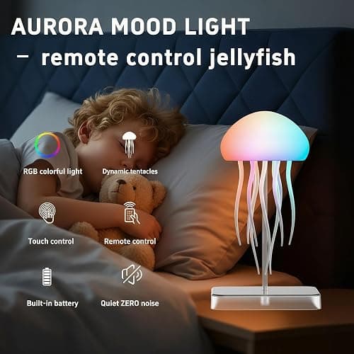 Rabziziya Jellyfish Lamp Remote & Touch Control RGB Gradient Rechargeable Dancing Tentacles Night Light, Bedroom Desk Decor for Adults Teens Stress Relief thumbnail 3
