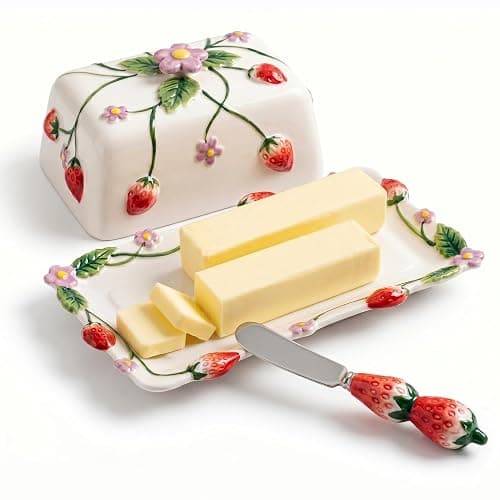 Ceramoira Cottage Strawberry Butter Dish w/ Lid & Knife, Artisanal Handmade | Large Butter Holder for Countertop, Ceramic Covered Butter Tray w/ Spreader, Fits 2 Sticks, Embossed Country Farmhouse Decor - Image 1