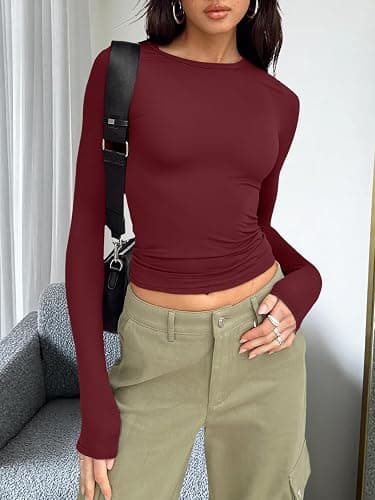 Trendy Queen Womens Long Sleeve T Shirts Fall Fashion 2025 Basic Crop Tops Going Out Outfits Y2k Clothes thumbnail 2