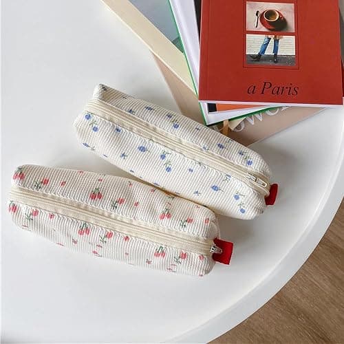 mkemka Big Capacity Cute Pencil Case Set for Girls 2 Pack Pink Blue Portable Canvas Pen Bags with Small Floral Design Ideal for Student Stationery Storage thumbnail 2