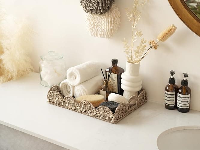 StorageWorks Rectangle Wicker Scalloped Tray, Rattan Serving Trays with Handles, Seagrass Basket for Decorative & Organizing, 15.75" L x 11.5" W x 2.75" H thumbnail 8