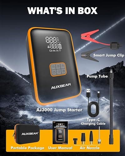 Auxbeam Jump Starter with Air Compressor 3000A Car Battery Jump Starter (6.5 Gas/3.0L Diesel) with 150PSI Cordless Tire Inflator 12V Jumper Box for Car Battery Portable for Compact Vehicle thumbnail 8