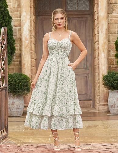 Scarlet Darkness Women's Floral Cottagecore Dress Smocked A Line Casual Milkmaid Sundress with Pockets thumbnail 2