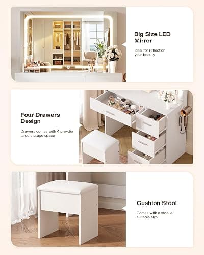LIVELYGLOW Makeup Vanity Desk Set, White, 35.4“W x 15.7" D x 53.9" H (Large Smart LED Mirror, with Cushion Stool, Hairdryer Rack, Power-Outlet, 4 Drawers) thumbnail 6