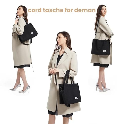 BROADREAM Sacs fourre-tout en velours pour femmes - Sac cabas en velours côtelé avec fermeture zippée，Tote Bag de grande capacité pour école, travail, shopping(L-Noir) thumbnail 7