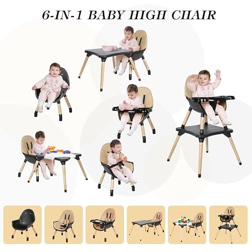 6 in 1 High Chair for Babies & Toddlers, Convertible Wooden Baby Highchair, Table and Chair Set, Baby Feeding Chair, 5-Point Adjustable Harness/4-Position Removable Tray& PU Seat Cushion (Black) thumbnail 4
