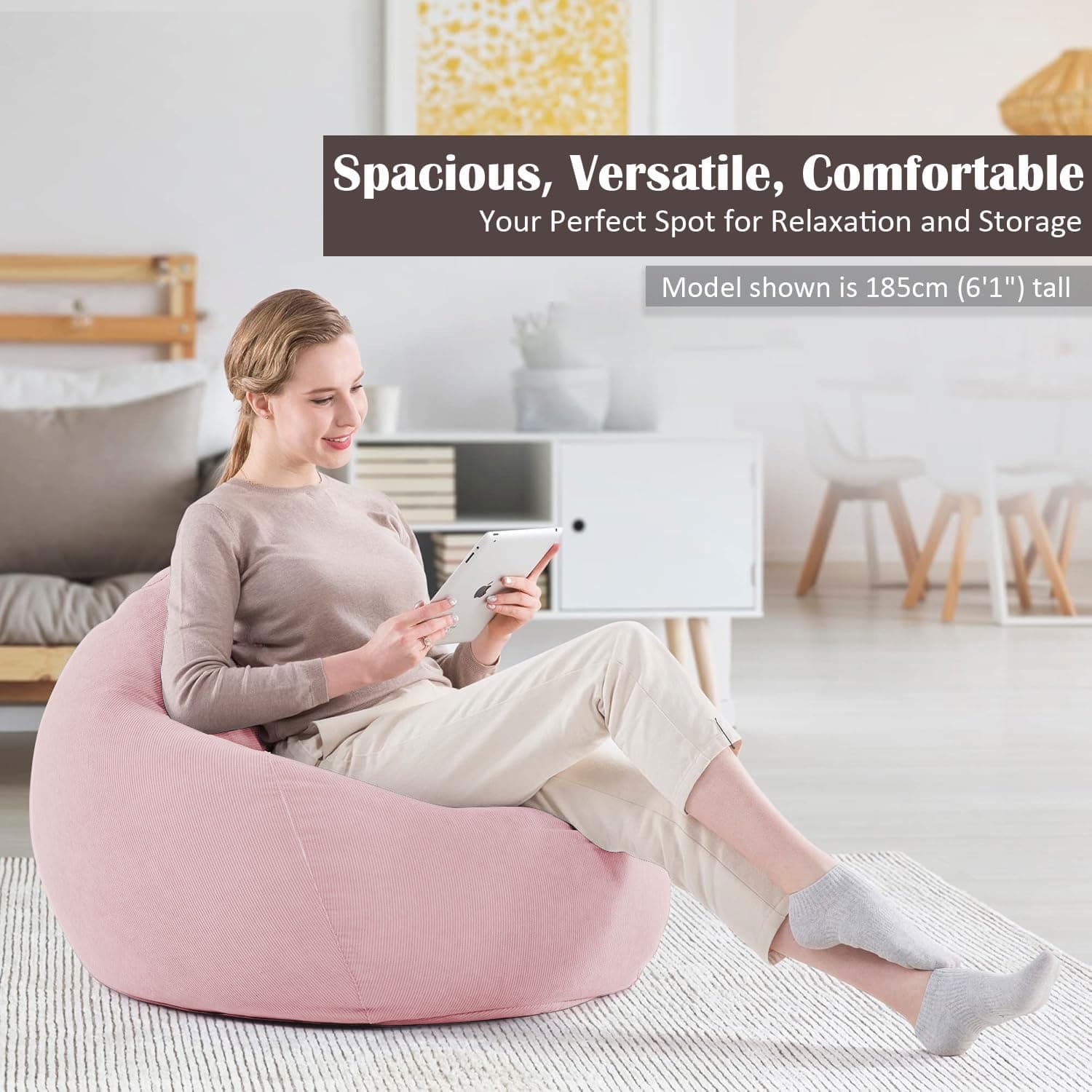 Nobildonna Bean Bag Chair Cover (No Filler) for Kids and Adults. Extra Large 300L Beanbag Stuffed Animal Storage Soft Premium Corduroy - Large(Cover Only) - Pink thumbnail 3