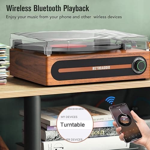 Record Player with Bulit-in Speaker Vintage Belt-Driven Turntable with Bluetooth Wireless Playback Support 3-Speed 33 1/3, 45, 78RPM AUX-in RCA Out Vinyl Players thumbnail 3