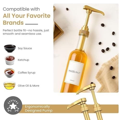 Syrup Pump for Coffee Syrup Bottles – 4-Pack Dispenser Pumps Fits 750ml / 25.4 oz Flavoring Syrup Bottles – Compatible with Torani & More – Gold Coffee Syrup Dispenser Pump for Home & Cafe Use. thumbnail 3