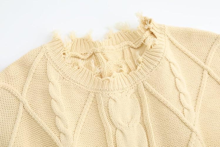 GABERLY Oversized Distressed Cable Knit Sweater Pullover with Frayed Edges Vintage Style Fall Winter Knitwear for Women thumbnail 3