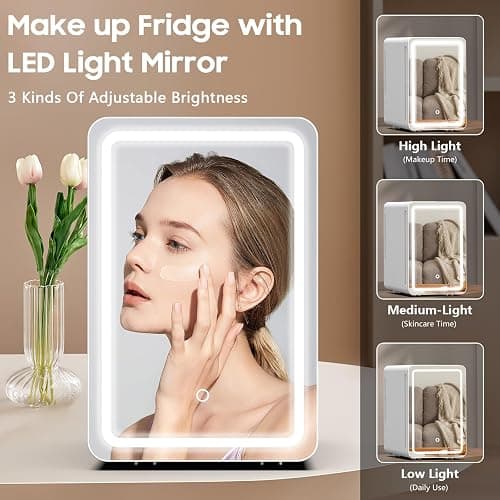 Kikihuose 20L Skincare Fridge with Mirror & LED Lighting, 3-Mode Dimmable, Cooler & Warmer with Drip Tray for Makeup, Cosmetic, Beauty, Mini Beauty Fridge for Bedroom, Vanity, Car & Home Use thumbnail 4