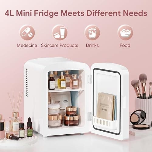 Xbeauty 4L Mini Skincare Fridge With Dimmable LED Mirror | Mini Makeup Fridge for SkinCare, Cosmetics, Food & Drinks, Portable Small Refrigerator for Bedroom, Dorm, Car, Office, White thumbnail 3