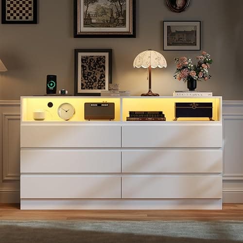 STIKELY Drawer Dresser for Bedroom with Power Outlet, Black Dressers with LED Light, Dresser Chest of Drawers for Closet,Wood Dressers Organizer Cabinet (White 6 Drawers) thumbnail 6