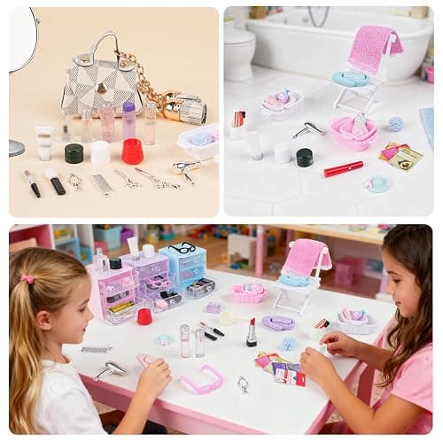 BeadRiver 77 Pcs Miniature Dollhouse Accessories, Dollhouse Bathroom Accessories Set with Storage Cases Cosmetic Set Towel Shampoo Perfume Hair Dryer Comb Mask Soap Toiletries Set for Girl Micro Scene thumbnail 6