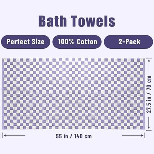 Jacquotha Shower Towels for Bathroom 27.5x55 Inches - Quick Dry Bath Towels Soft & Lightweight (2Pack), Cute Checkered Towel Sets Lilac, 520 GSM Absorbent Cotton thumbnail 3