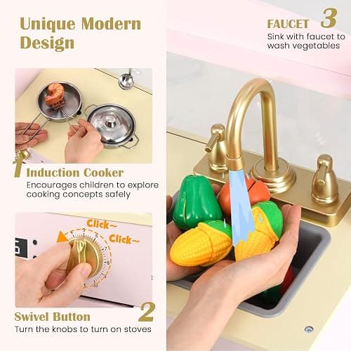 INFANS Kids Kitchen Playset, Toddler Wooden Pretend Cooking Toy Set with Acrylic Drawing Board Ice Machine Dishwasher Cloth Drawer Stove Removable Sink Simulation Play Kitchen for Boys Girls thumbnail 3