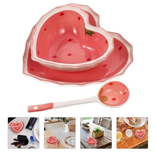 Ceramic Bowl Plate with Spoon Heart Shaped Strawberry Bowl Salad Dessert Snack Appetizer Plates for Soup Cereal Nuts Oatmeal Fruit Prep Sushi Plate Set thumbnail 8
