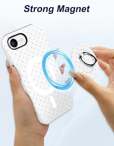 Jusy Compatible with Magsafe Polka Dot Phone Case for iPhone 16e, Cute Aesthetic Magnetic Ring Holder Stand Case, Soft TPU and Hard PC Protective Phone Cover for Women Girls - White Polka Dot thumbnail 2