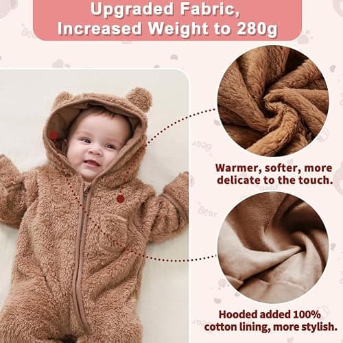AiWMGL Newborn Baby Bear Outfit With Fold-Over Mittens and Footies Girls Boys Winter Fleece Clothes Hooded Romper Snowsuit thumbnail 4