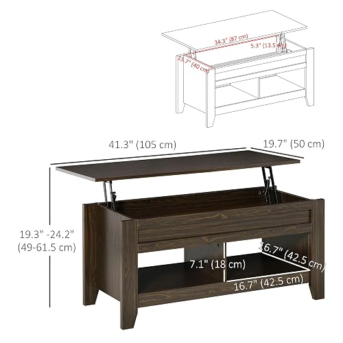 HOMCOM Lift Top Coffee Table with Hidden Storage Compartment and Open Shelves, Lift Tabletop Pop-Up Center Table for Living Room, Dark Walnut thumbnail 3