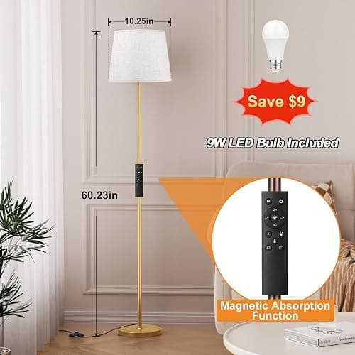 Raexpectis 【Upgraded Floor Lamps for Living Room, Modern Floor Lamp with Remote Control, Dimmable Colors Temperature Standing Lamp Foot Switch, 9W Bulb Tall Lamps for Bedroom Office Kid Room - Gold thumbnail 2