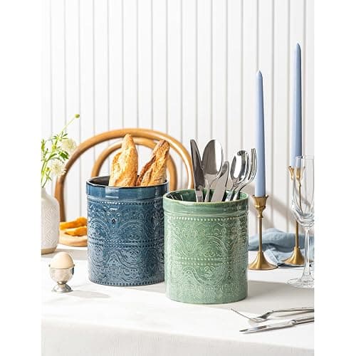 MIKIGEY Kitchen Utensil Holder, 7 Inches Large Ceramic Utensil Holder for Countertop, Lace Emboss Cooking Utensil Crocks for Kitchen, Home Decor, Reactive Blue thumbnail 8