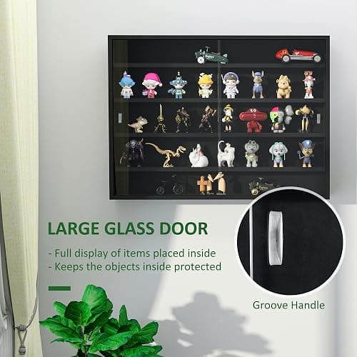 HOMCOM 5-Tier Wall Mounted Display Cabinet Glass Doors 60x80cm Black | Display Case with 4 Adjustable Shelves, Glass Doors, for Home Office Ornaments thumbnail 5
