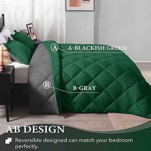 downluxe King Size Comforter Set - Dark Green and Grey King Comforter, Soft Bedding Sets for All Seasons -3 Pieces - 1 Comforter (104"x92") and 2 Pillow Shams(20"x36") thumbnail 4