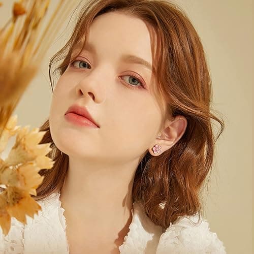 Pink Flower Earrings for Women, 925 Sterling Silver Stud Earrings, Cute Plumeria Earrings For Women, Cherry Blossom Hypoallergenic Stud - *Pink thumbnail 3