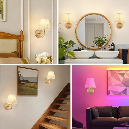 Vintage Battery Operated Wall Sconces Set of 2, Pleated Fabric Shade Gold Wall Lamp with Remote Control, Cordless Rechargeable Wall Sconces Fixtures for Bedroom, Living Room, Beside (2 Bulbs Included) thumbnail 9