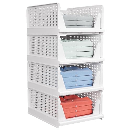 caktraie 4 Pack Stackable Closet Storage Basket - Stackable Storage Bins, Multifunctional & Foldable Closet Organizer Divided, Wardrobe Cupboard Space-Saving Clothes Storage Hat Organizer, White thumbnail 2