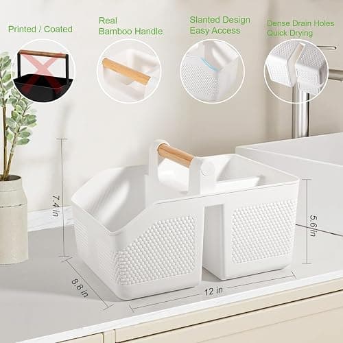 rejomiik Shower Caddy Portable with Bamboo Handle, Plastic Basket Cleaning Caddy Organizer Storage Tote for Bathroom, College, Dorm Room Essentials, White thumbnail 2