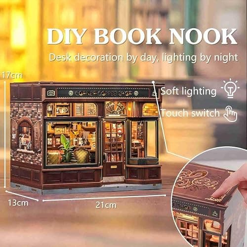 Fsolis Book Nook Kit - DIY Bookshelf Miniature Kit for Adults 3D Puzzle Booknook Bookstore Bookshelf Diorama Cafe Shop Tiny House with Cat, Craft Gifts for Women Book Lovers (Corner Coffee Shop) thumbnail 3