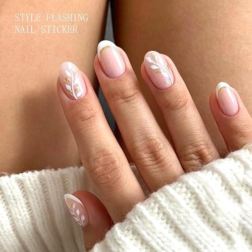 JMEOWIO Gel Nail Stickers Leaves White French Tip Semi Cured Gel Nail Strips Wraps UV/LED Nails Art Design Decoration Accessories thumbnail 3