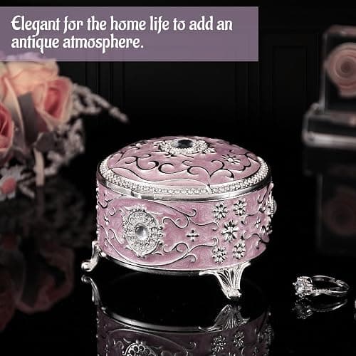 Qsabv Vintage Jewelry Box, Silver Round Treasure Ring Box, Metal Trinket Organizer Keepsake Box Gift for Girl Women, Light Purple thumbnail 6