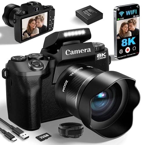 8K Digital Cameras for Photography, WiFi 64MP Vlogging Camera for YouTube, 4" Touch Screen Digital Camera with Dual Lens, Auto Focus, 16X Digital Zoom, 3000mAh Battery, 32GB Card, Black - Image 1