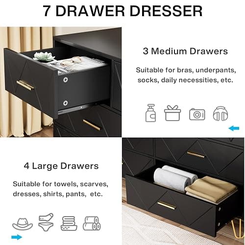 JOZZBY Dresser for Bedroom, 7 Drawer Black Wooden Dresser with Gold Handles, Modern Storage Dressers & Chests of Drawers for Hallway, Entryway thumbnail 6