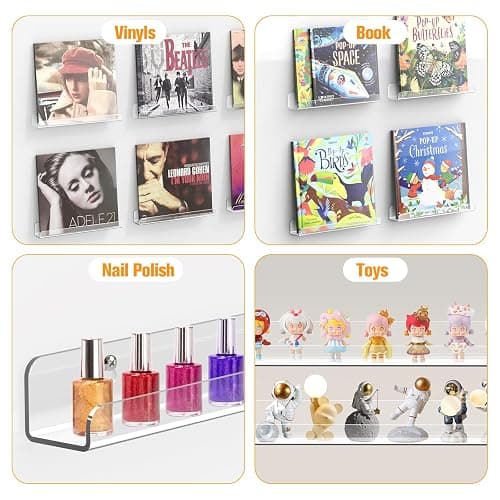 Meaocer Vinyl Record Shelf Wall Mount, 6 Pack 12 inch Clear Acrylic Album Record Holder Display, Kids Bookshelf, Floating Wall Shelves for Bathroom, Bedroom, Living Room, Kitchen (Clear-6pcs) thumbnail 5