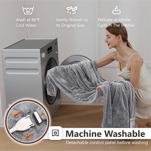 Wapaneus Heated Blanket Electric Throw 72" x 84" Full Size with 10 Heating Levels 12 Hours Time Setings and Auto-Shut Off, Flannel Fast-Heating Electric Blanket,Machine Washable,Light Grey thumbnail 5