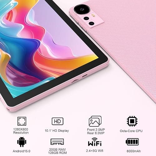 CUPEISI Android 15 Tablet 10 Inch, 20GB RAM+128GB ROM/ 2TB Expandable, 2.0GHz Quad-core Processor, 1280*800 HD Screen, 5G WiFi6 BT 5.0, 2 in 1 Tablets with Keyboard Case Mouse Stylus, Widevine L1 Pink thumbnail 3