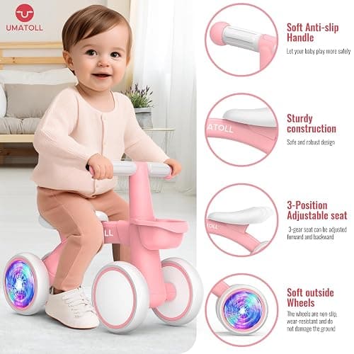 Umatoll Colorful Lighting Baby Balance Bike Toys for 1 Year Old Girl Gifts, Adjustable Seat, First Birthday Gifts, 12-24 Months Toddler Bike, Pink thumbnail 3