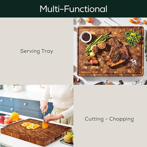 EZ FURNITURE Non-Toxic Teak Wood Cutting & Serving Board, Luxury Ideal Christmas Gift for Kitchen, Knife Friendly, Pre-Oiled End Grain with Juice Groove & Handles (L 20" x 15" x 1.5", 11.90 lbs) thumbnail 8